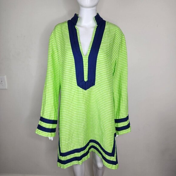 Sail to Sable Long Sleeve Linen Tunic Dress Coverup Green Blue Size 4 - Picture 1 of 14